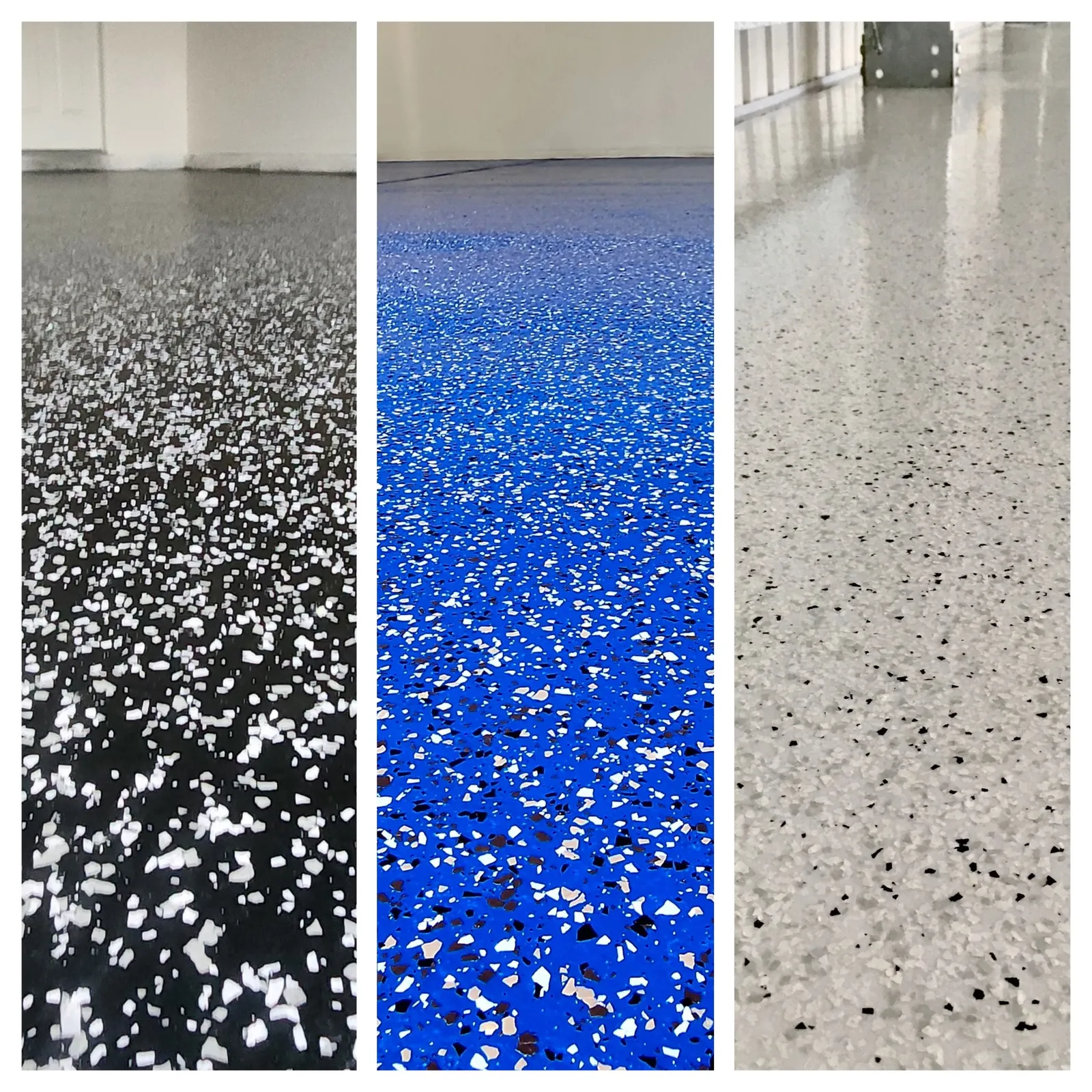 Close-up of a black and white flake epoxy garage floor in Central Florida